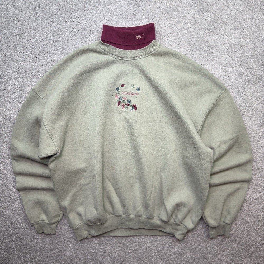 Vintage Michigan Floral Embroidered Mock Neck Sweatshirt Sage Green Burgundy